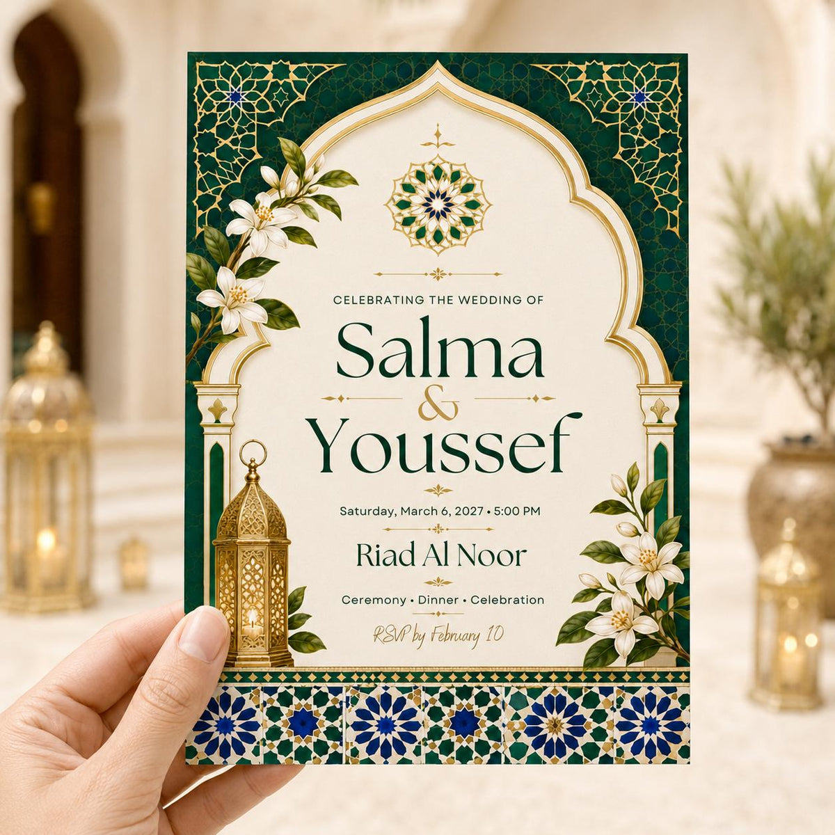 Emerald Green and Gold Moroccan Wedding Invitation — print-ready wedding design from VoltBy