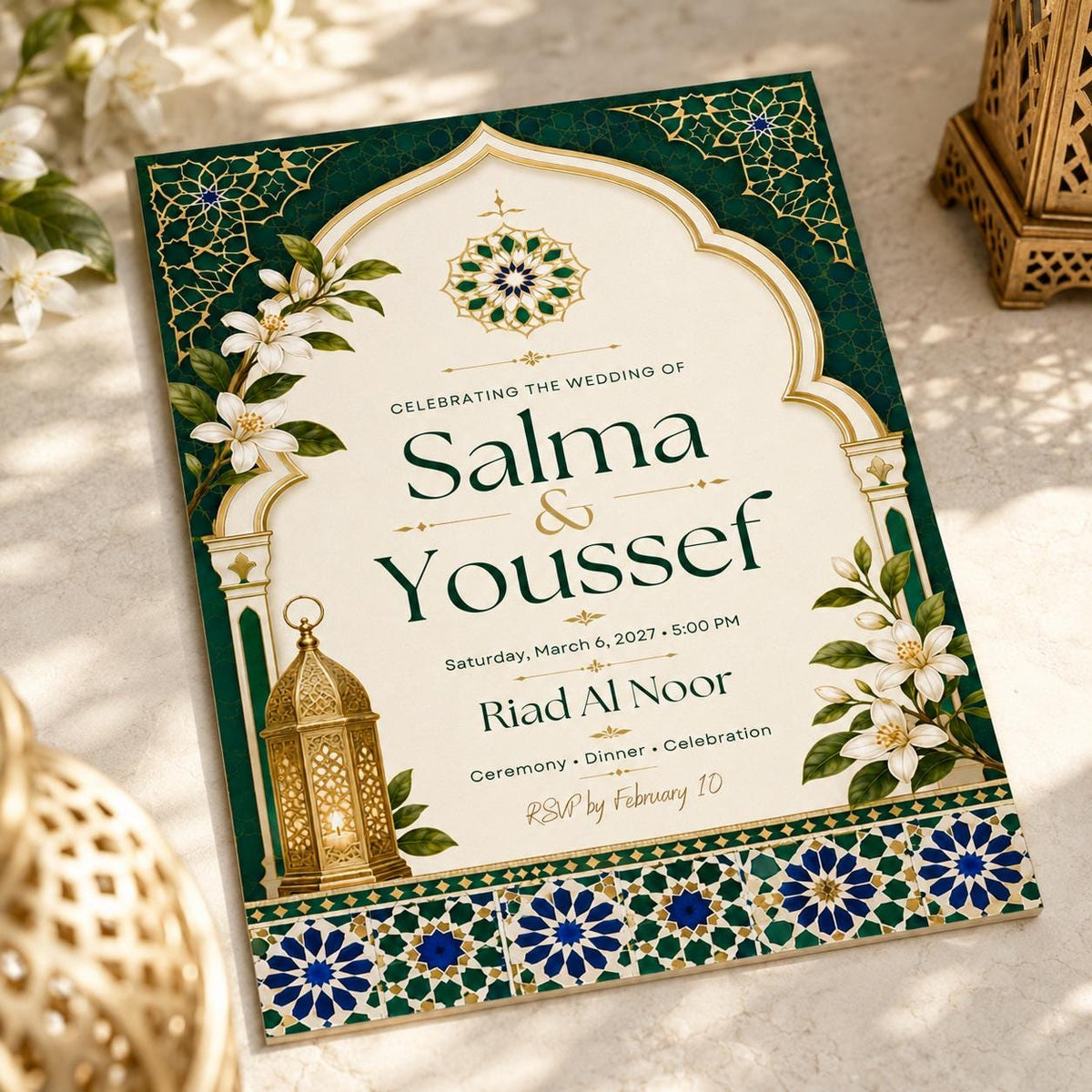 Emerald Green and Gold Moroccan Wedding Invitation — wedding stationery by VoltBy