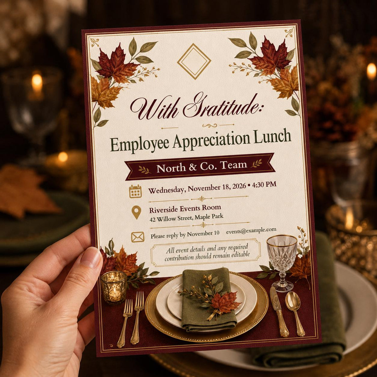 Employee Appreciation Lunch Invitation — print-ready Thanksgiving gathering design from VoltBy