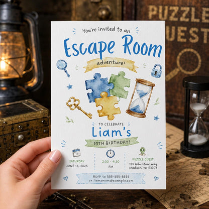 Escape Room Invitation — print-ready 10th birthday party design from VoltBy