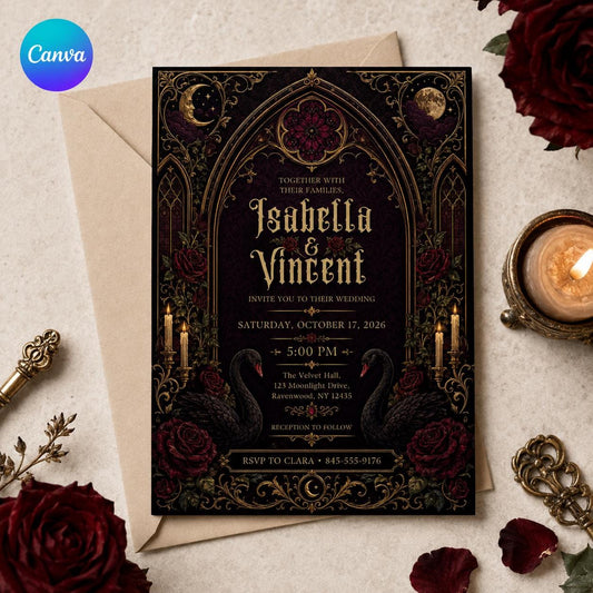 Burgundy Floral Gothic Wedding Invitation — editable Canva template