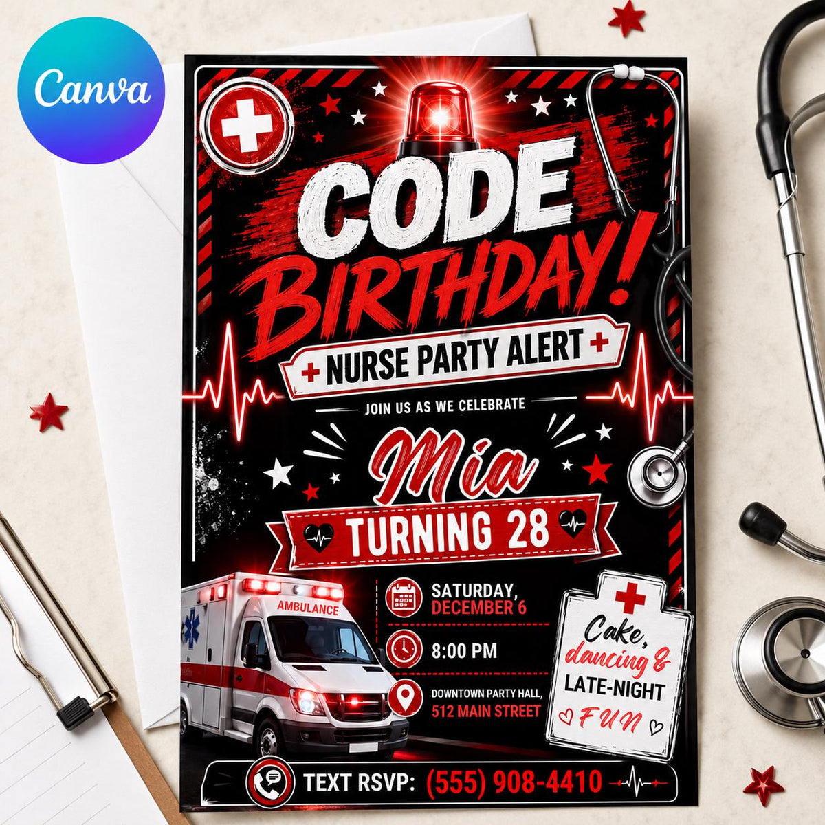 Nurse Birthday Invitation – Red Black Code Birthday 28th Medical Party Alert