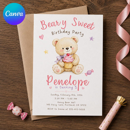 Teddy Bear Birthday Invitation – Beary Sweet 5th Birthday Girl Party – Pastel Watercolor
