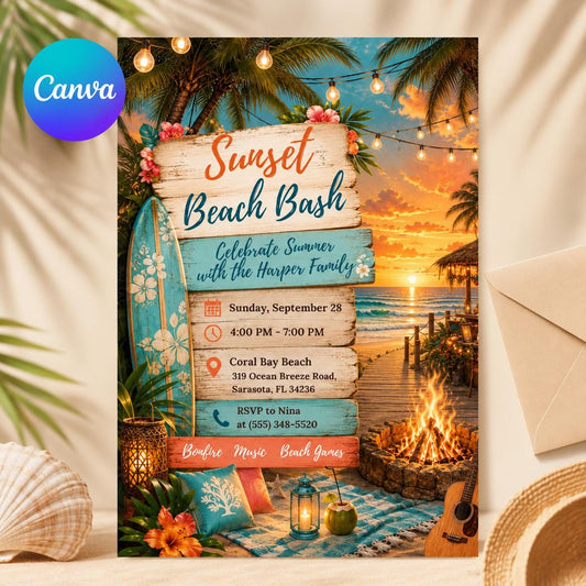 Sunset Beach Bash Invitation Template – Sunset Soirée Summer Party Invitation Canva