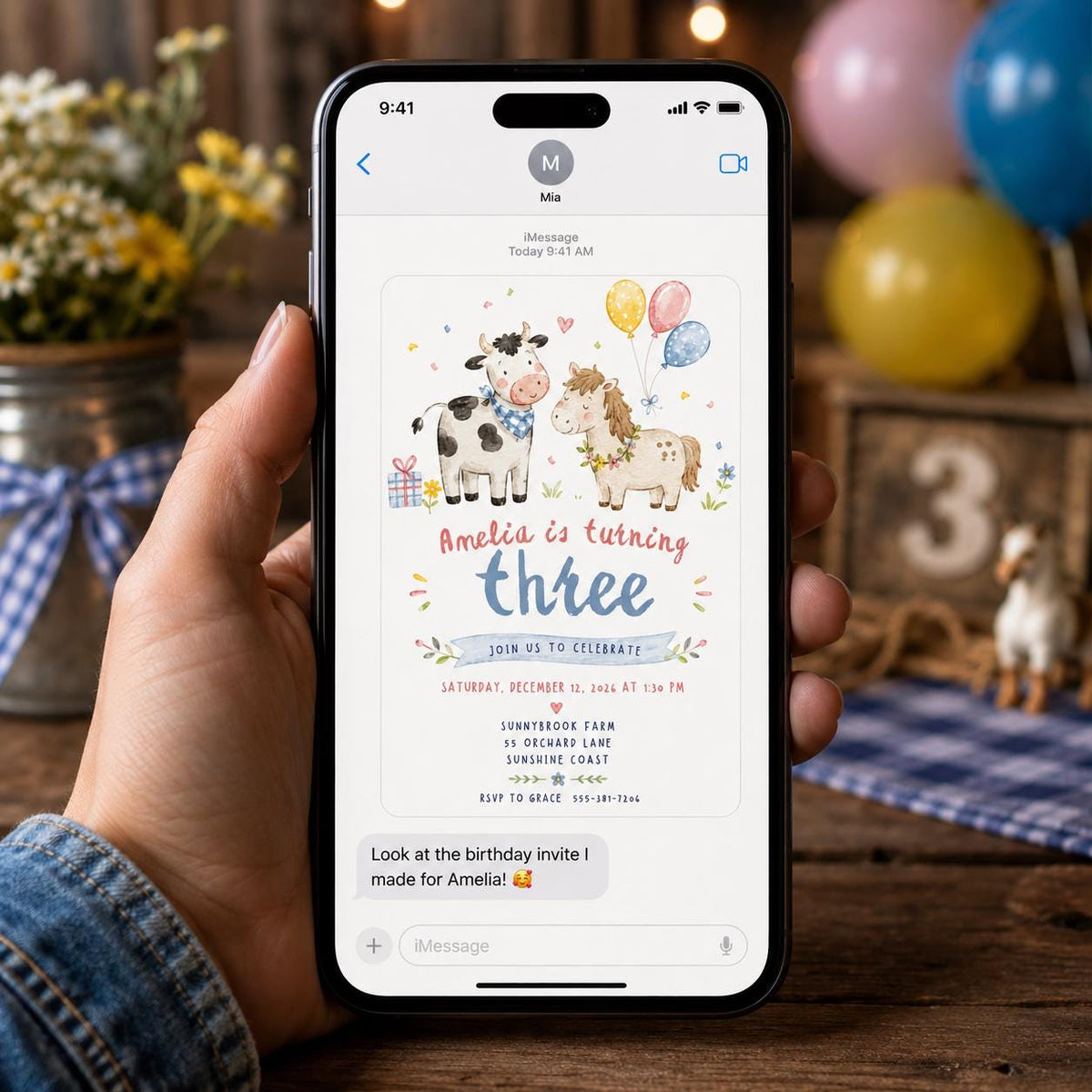 Farm Animal Birthday Invitation, 3rd Birthday Girl Cow and Horse Barnyard Party, Watercolor Editable Canva Template