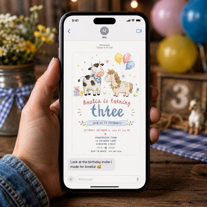 Farm Animal Birthday Invitation, 3rd Birthday Girl Cow and Horse Barnyard Party, Watercolor Editable Canva Template