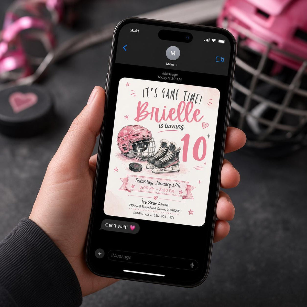 Girls Hockey Birthday Invitation – Pink Ice Hockey 10th Birthday Party Invite