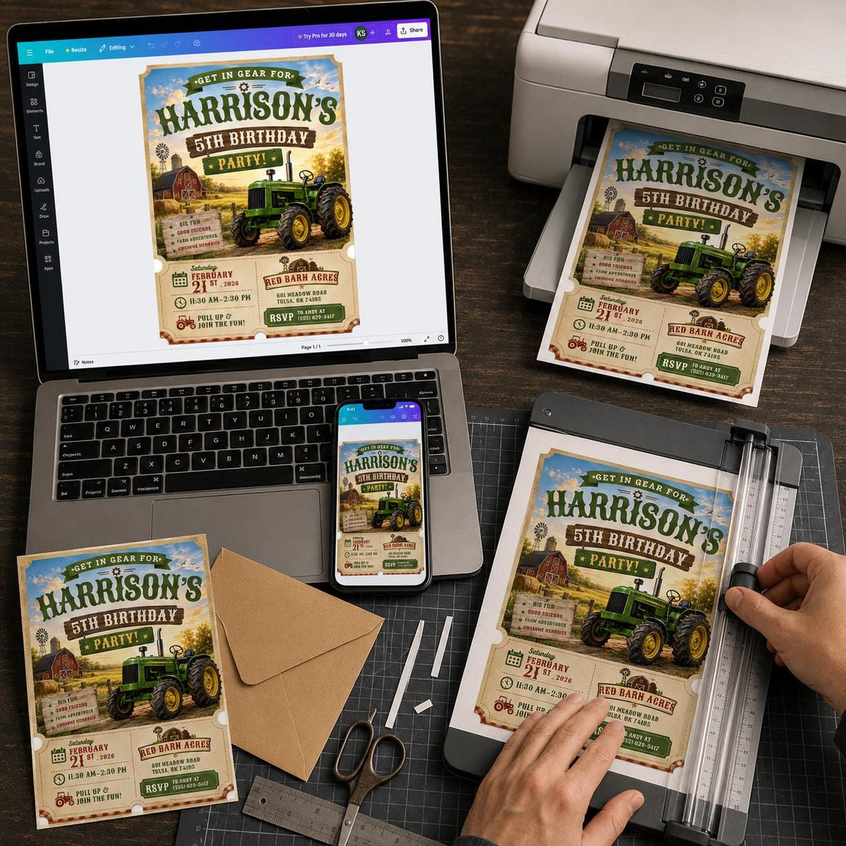 Tractor 5th Birthday Invitation – Rustic Farm and Barnyard Party Invite for Boys