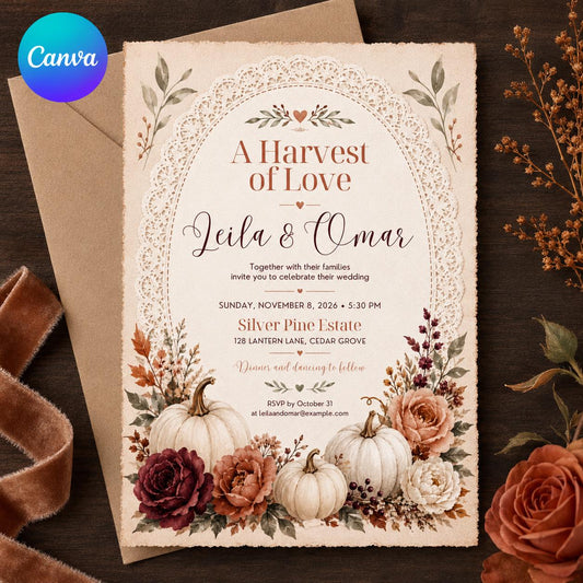 Fall Wedding Invitation – White Pumpkin Floral Harvest Love Rustic Autumn
