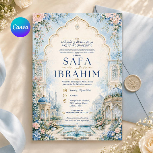 Blue Garden Palace Nikah Invitation — editable Canva template