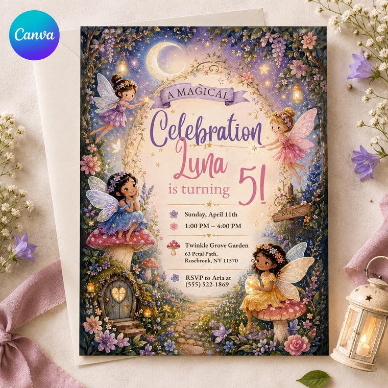 Fairy 5th Birthday Invitation for Girls