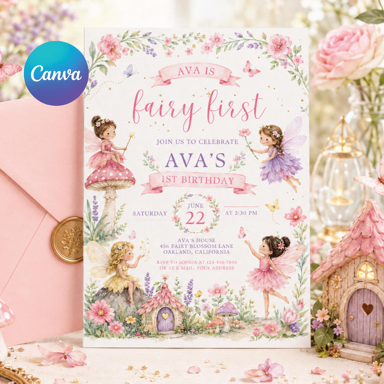 Fairy First Birthday Invitation with Garden Cottage