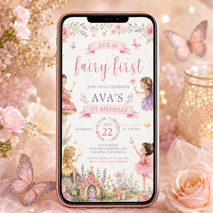 Fairy First Birthday Invitation with Garden Cottage — print-ready first birthday design from VoltBy
