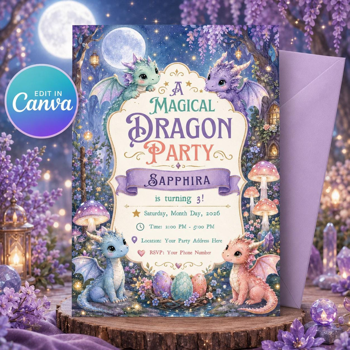 Fairy Magical Dragon 3rd Birthday Invitation for Girls — editable Canva template