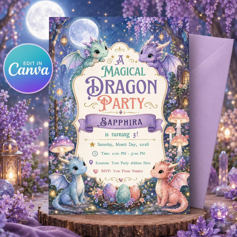 Fairy Magical Dragon 3rd Birthday Invitation for Girls