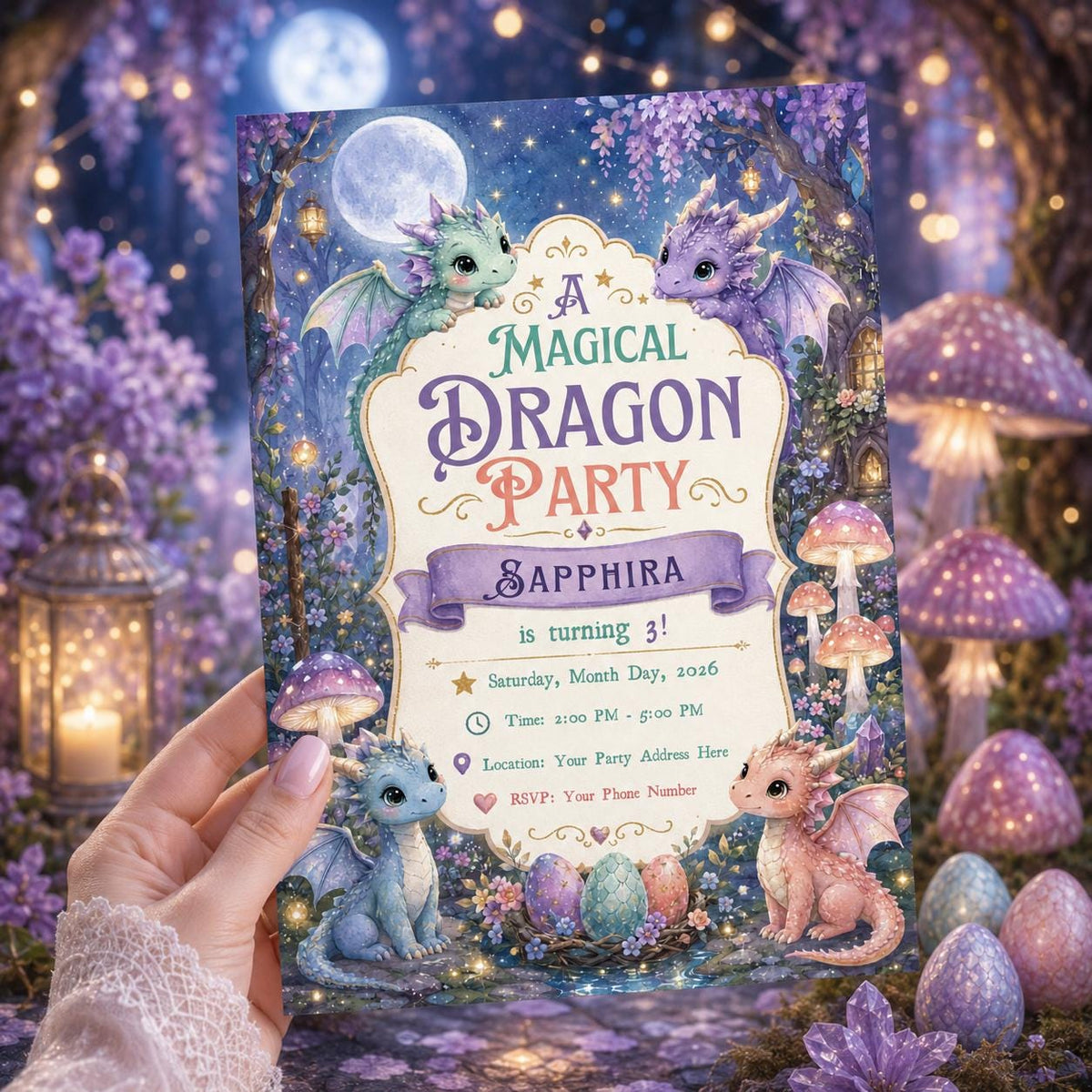 Fairy Magical Dragon 3rd Birthday Invitation for Girls — invitation you personalize in Canva