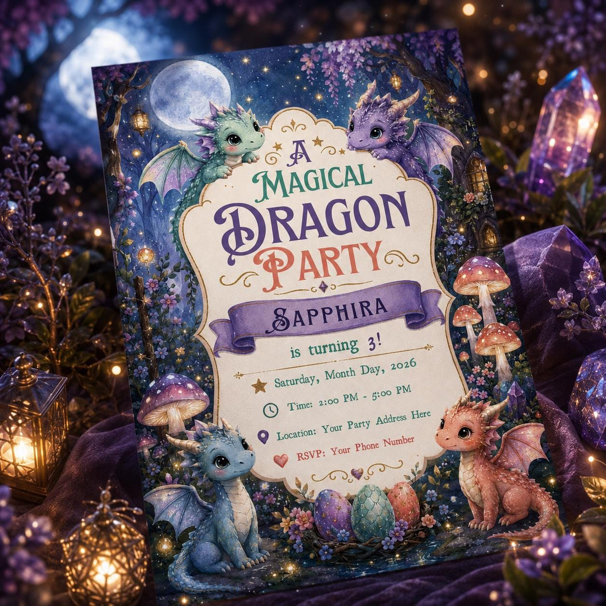 Fairy Magical Dragon 3rd Birthday Invitation for Girls — digital invitation, instant download