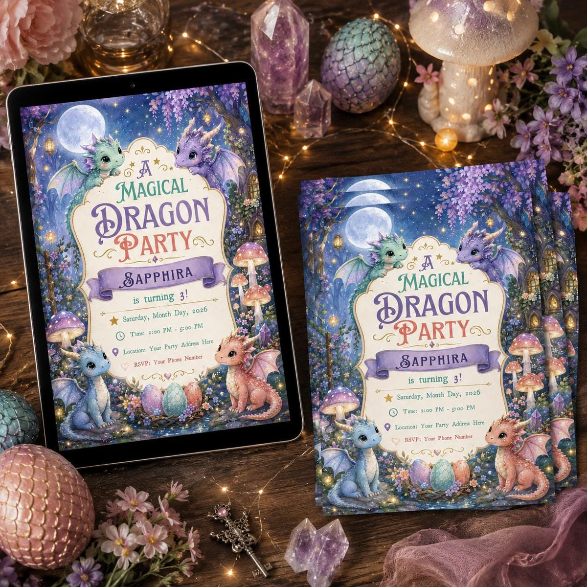 Fairy Magical Dragon 3rd Birthday Invitation for Girls — 3rd birthday party stationery by VoltBy