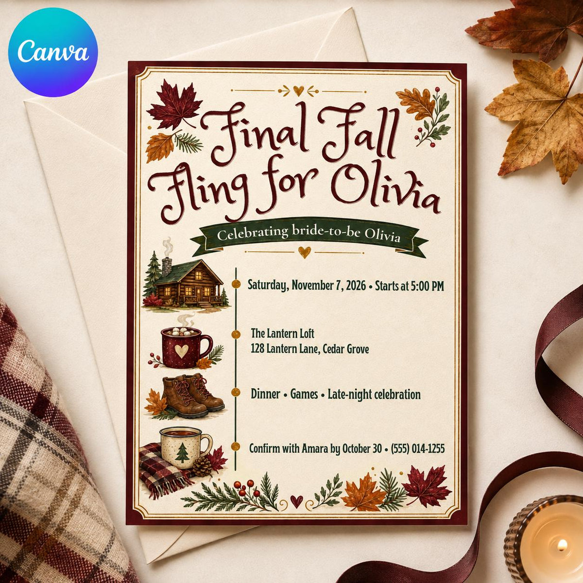 Fall Bachelorette Party Invitation — editable Canva template