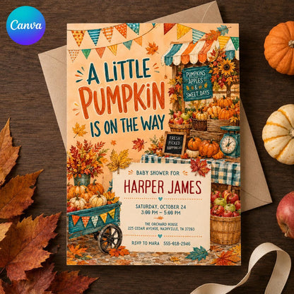 Fall Pumpkin Baby Shower Invitation — editable Canva template