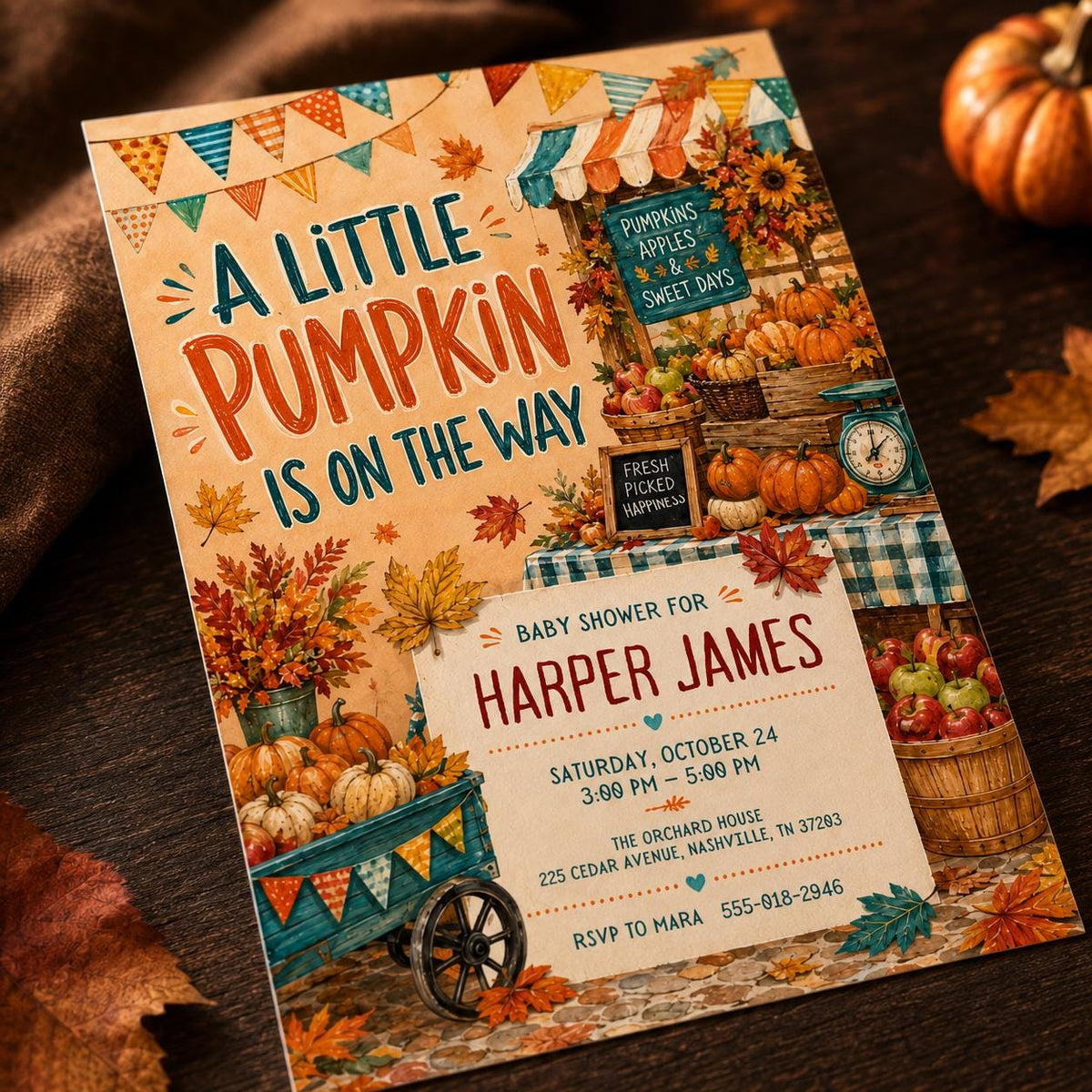 Fall Pumpkin Baby Shower Invitation — invitation you personalize in Canva