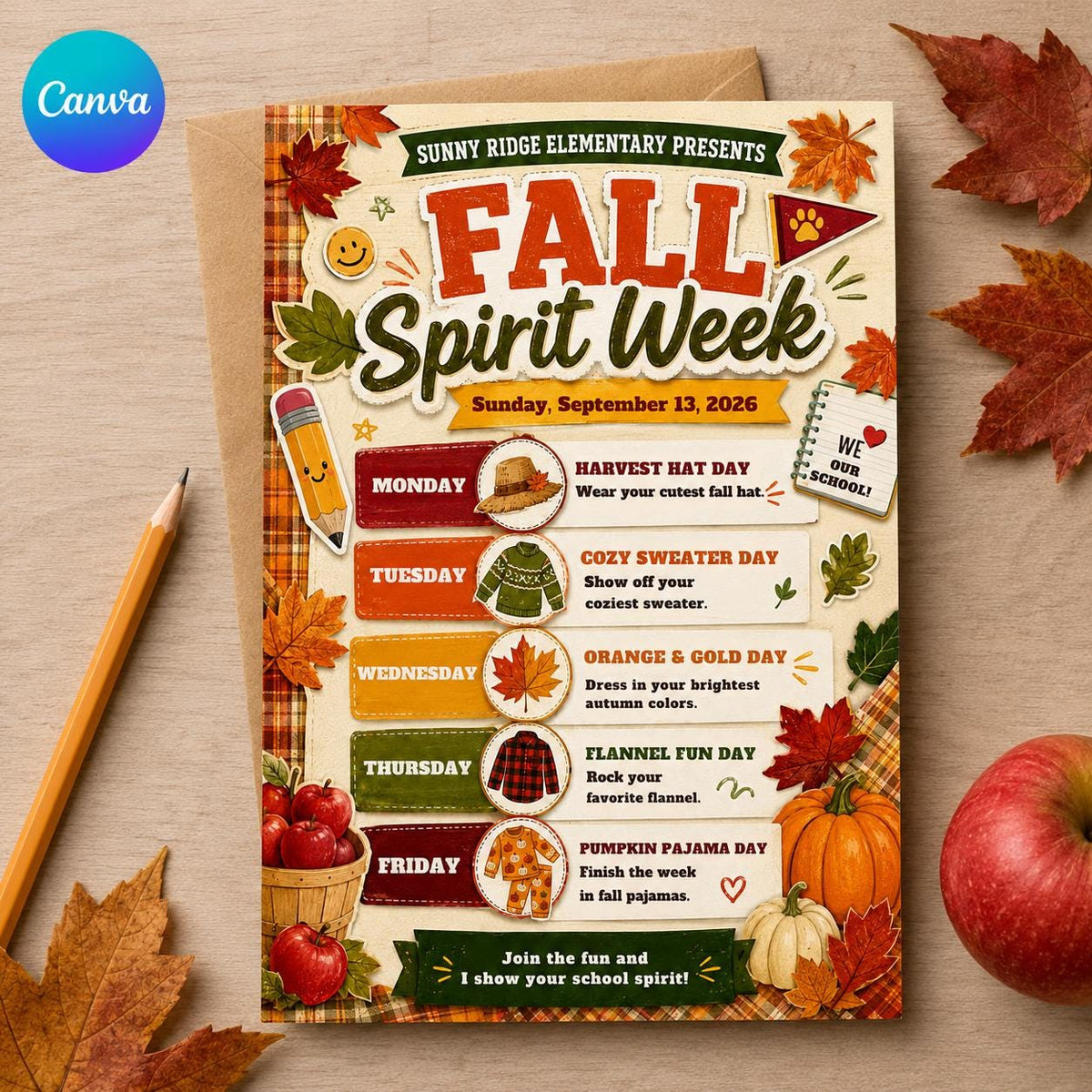 Fall Spirit Week Flyer with School Supplies — editable Canva template