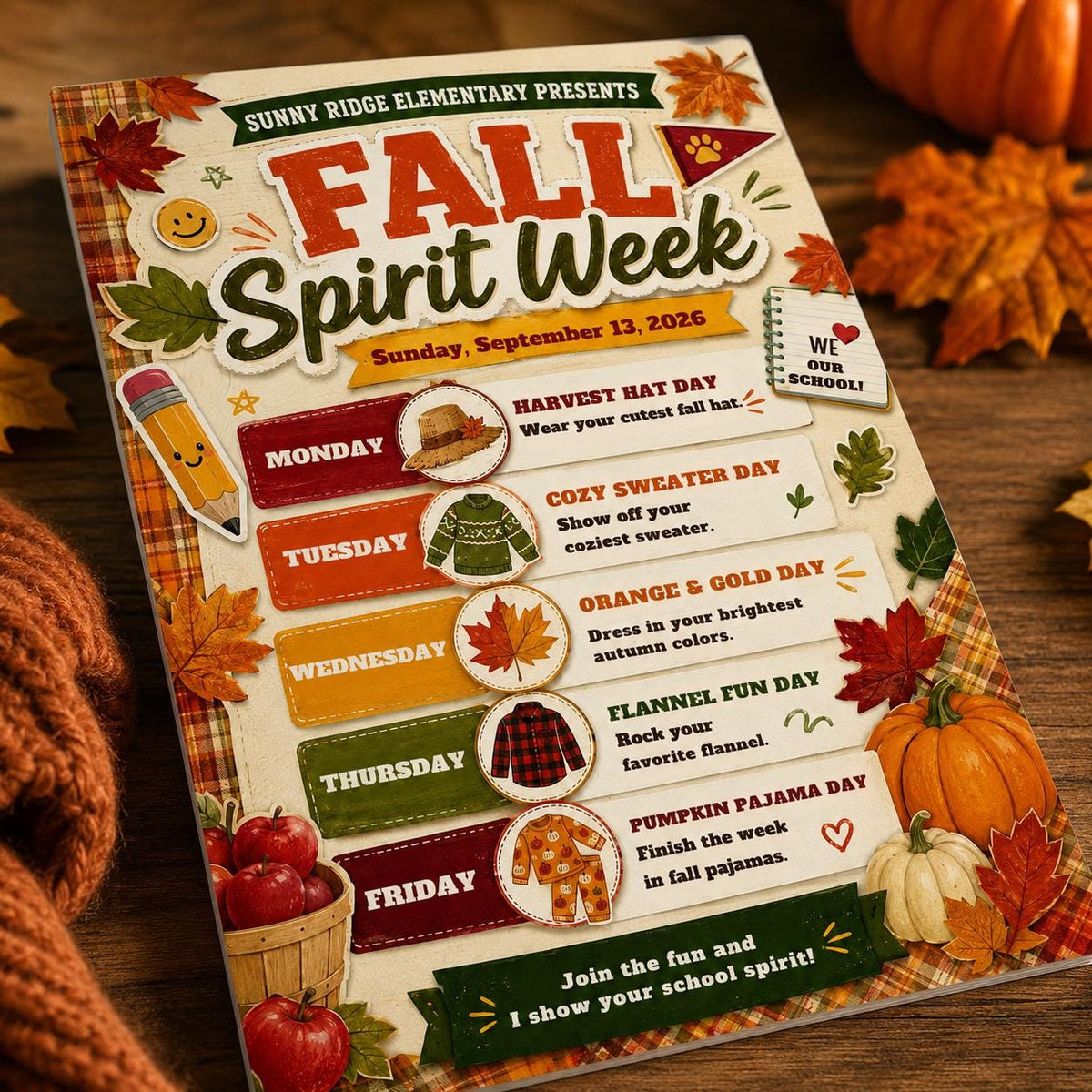 Fall Spirit Week Flyer with School Supplies — apple and leaf design