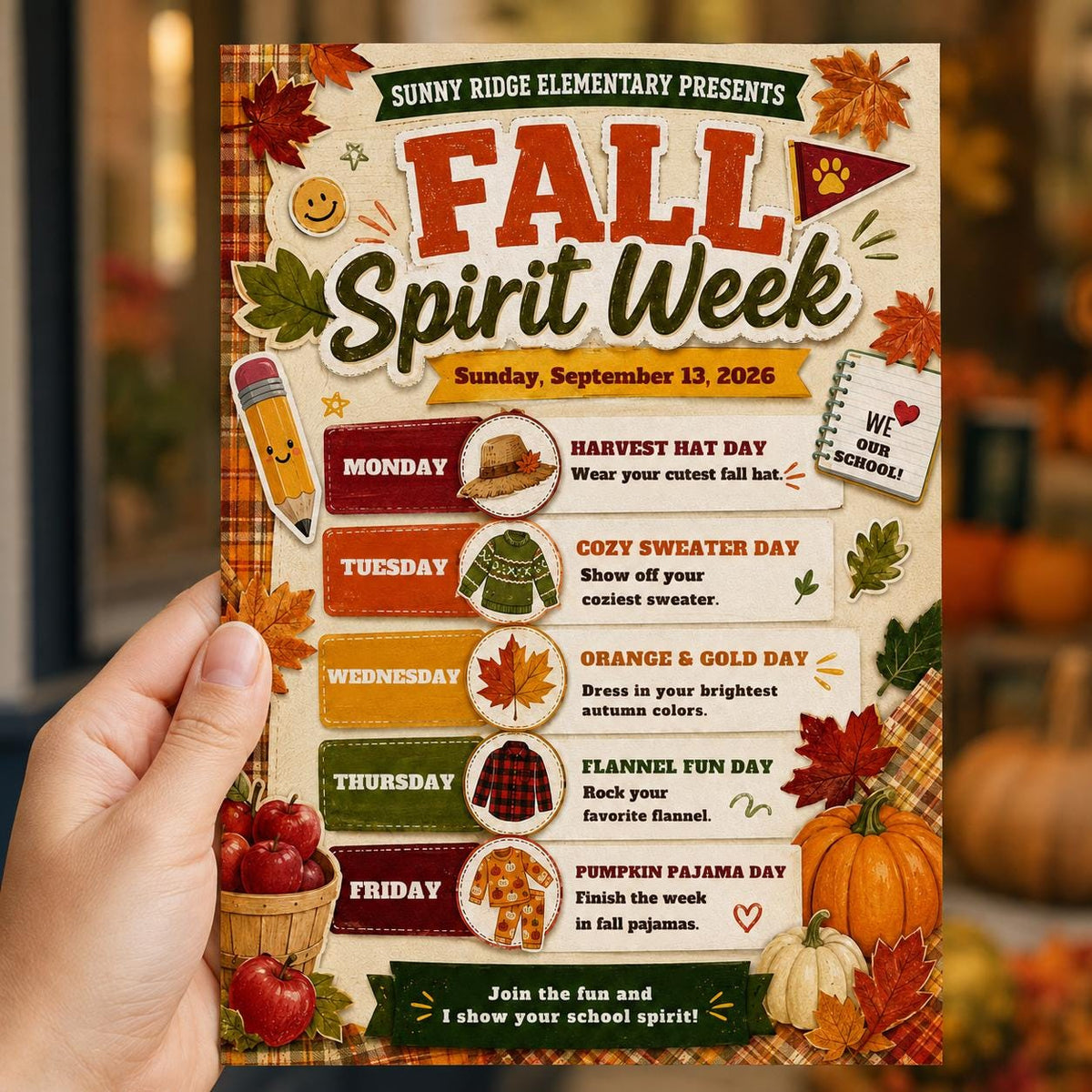 Fall Spirit Week Flyer with School Supplies — apple and leaf artwork in cream and green