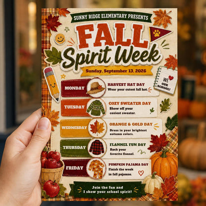 Fall Spirit Week Flyer with School Supplies — apple and leaf artwork in cream and green