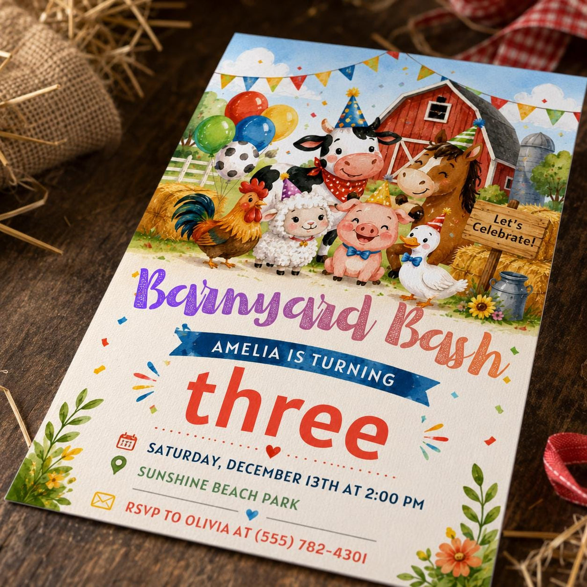 Farm Animals 3rd Birthday Invitation for Girls — print-ready 3rd birthday party design from VoltBy