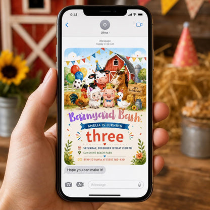 Farm Animals 3rd Birthday Invitation for Girls — digital invitation, instant download