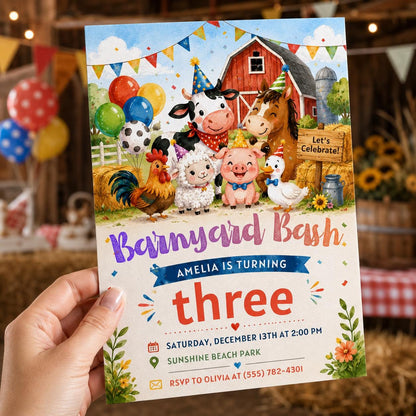 Farm Animals 3rd Birthday Invitation for Girls — 3rd birthday party stationery by VoltBy