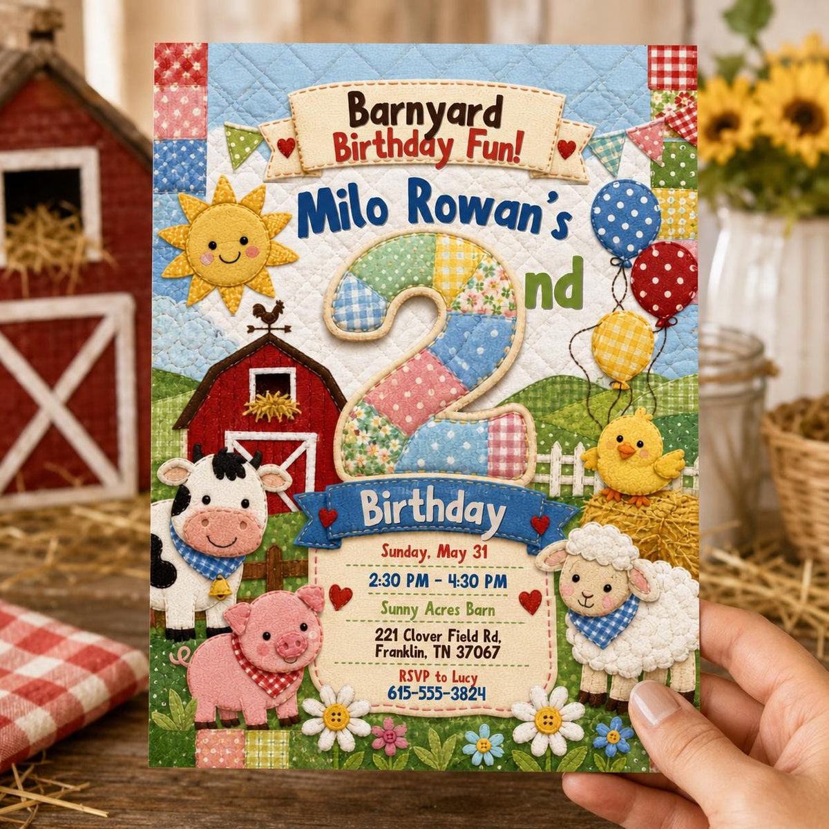 Farm Barnyard 2nd Birthday Invitation — print-ready 2nd birthday party design from VoltBy