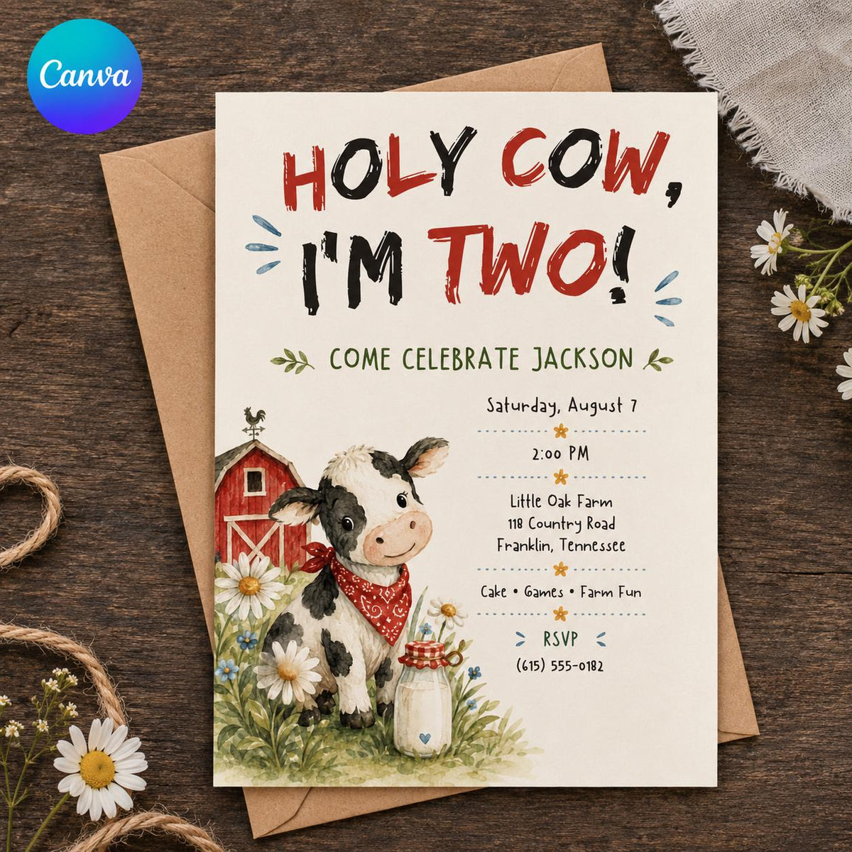 Farm Holy Cow I'm Two Birthday Invitation — editable Canva template
