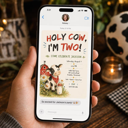 Farm Holy Cow I'm Two Birthday Invitation — invitation you personalize in Canva