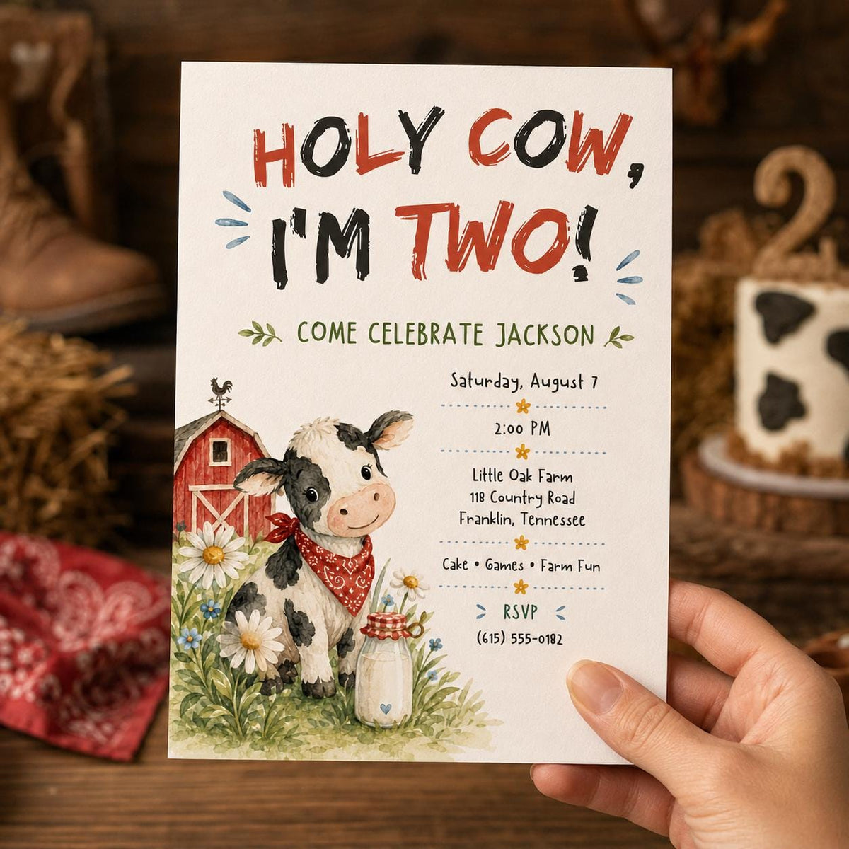 Farm Holy Cow I'm Two Birthday Invitation — print-ready 2nd birthday party design from VoltBy