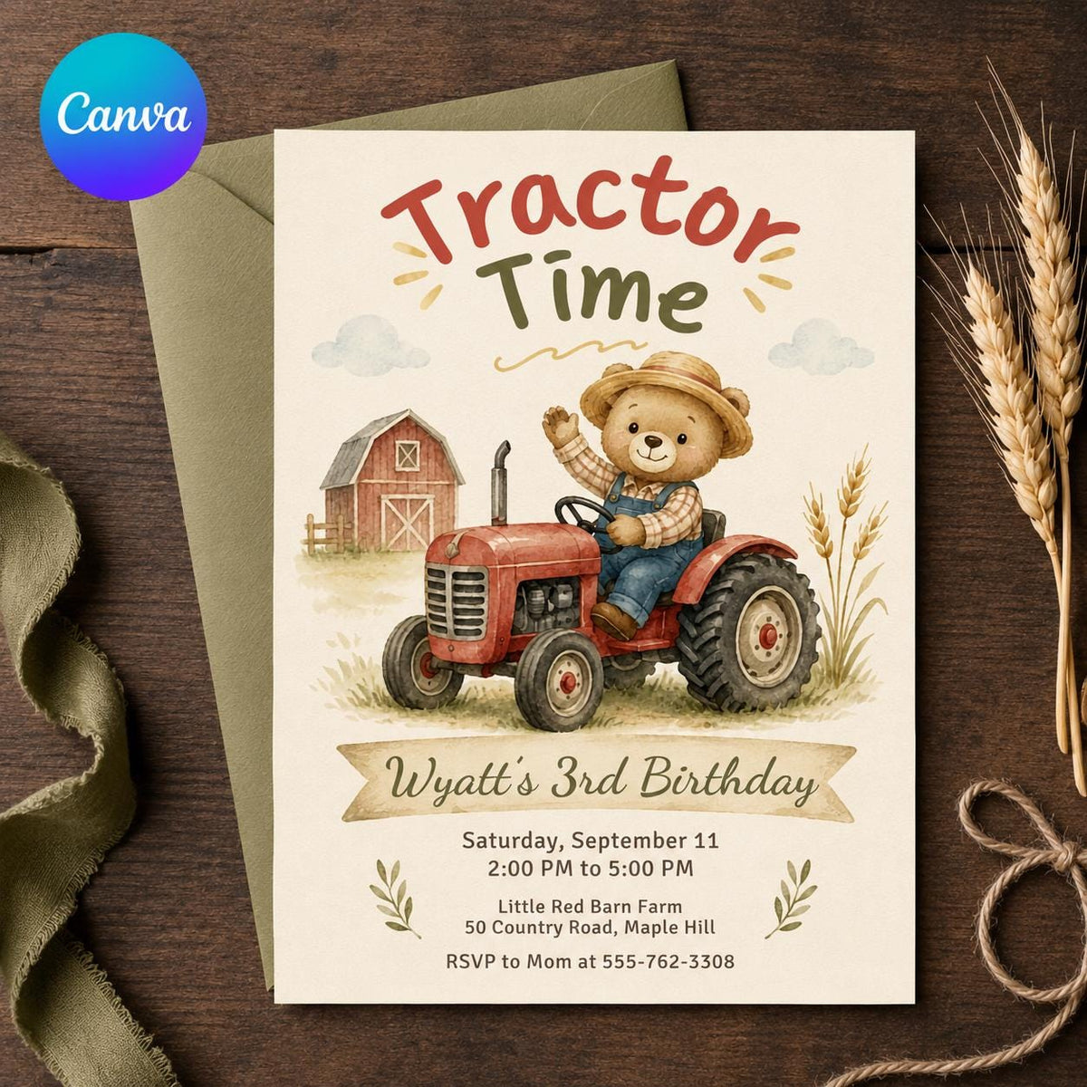 Farm Tractor 3rd Birthday Invitation for Boys — editable Canva template