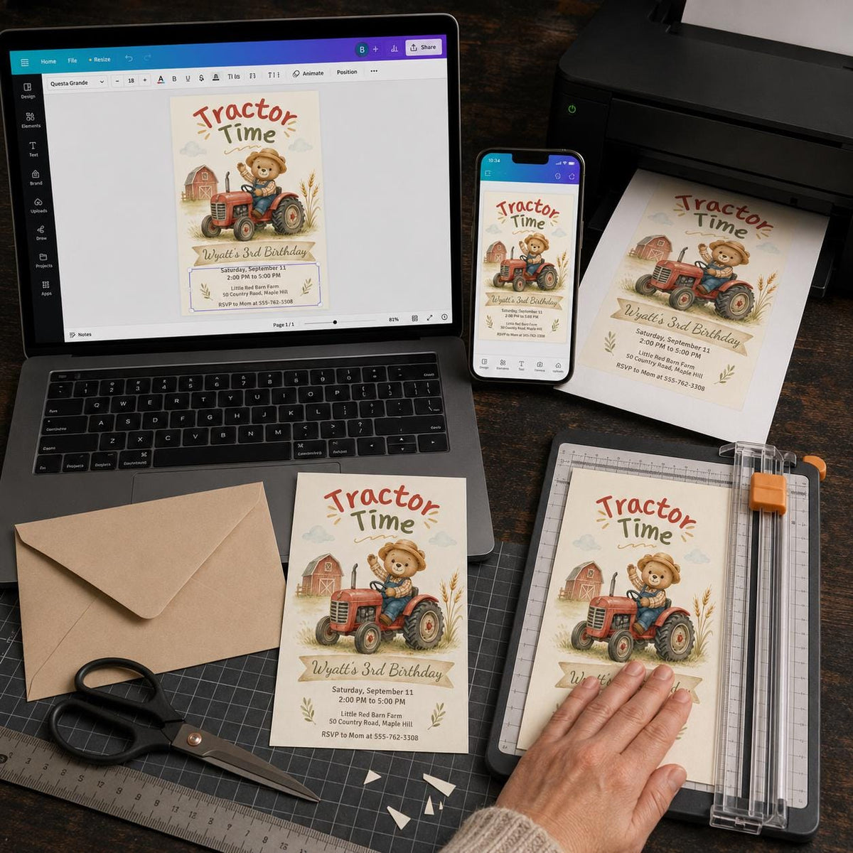 Farm Tractor 3rd Birthday Invitation for Boys — teddy bear design