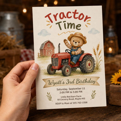Farm Tractor 3rd Birthday Invitation for Boys — digital invitation, instant download