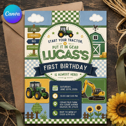 Farm Tractor First Birthday Invitation for Boys — editable Canva template