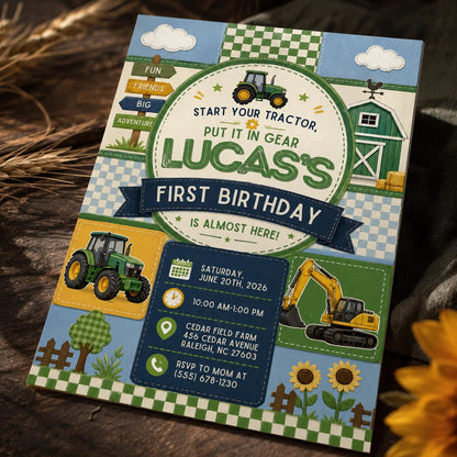 Farm Tractor First Birthday Invitation for Boys — invitation you personalize in Canva