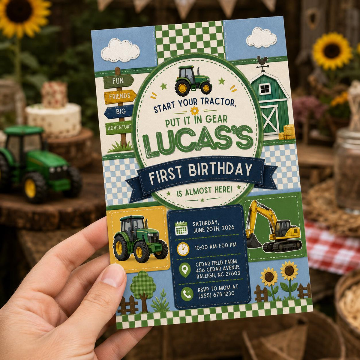 Farm Tractor First Birthday Invitation for Boys — print-ready first birthday design from VoltBy