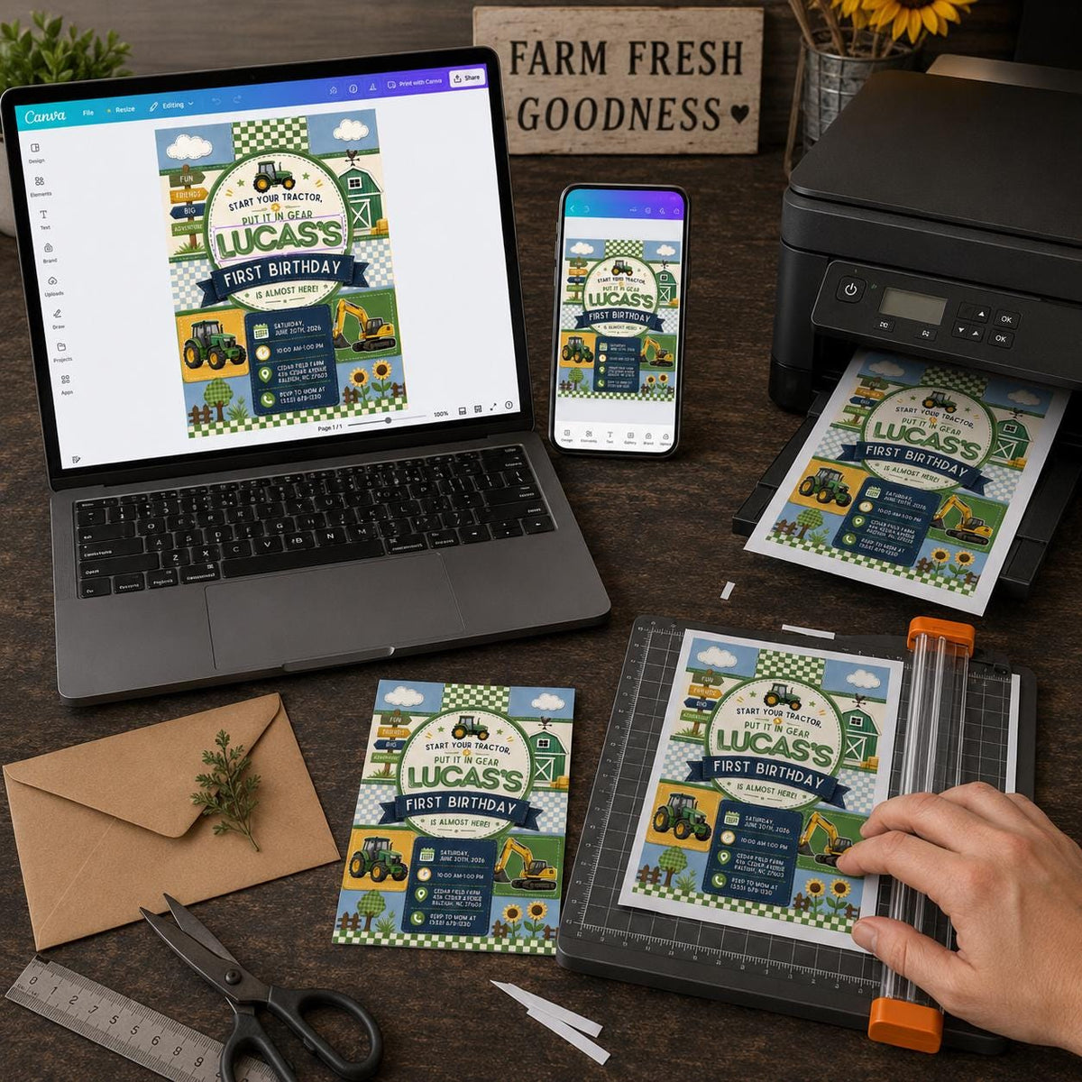 Farm Tractor First Birthday Invitation for Boys — digital invitation, instant download