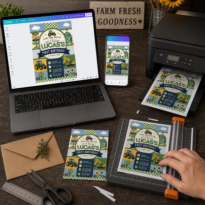 Farm Tractor First Birthday Invitation for Boys — digital invitation, instant download