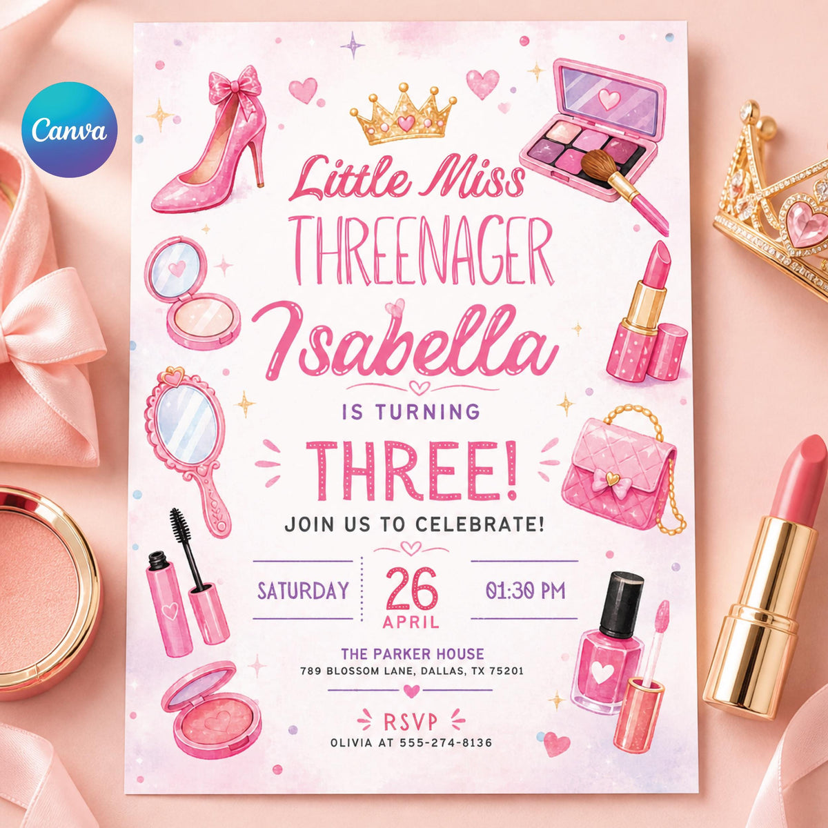 Fashion & Makeup Miss Threenager 3rd Birthday Invitation Card for — editable Canva template