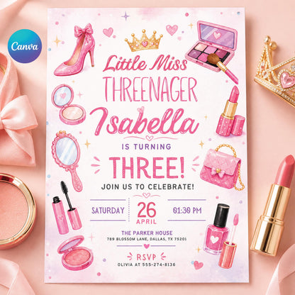 Fashion & Makeup Miss Threenager 3rd Birthday Invitation Card for — editable Canva template