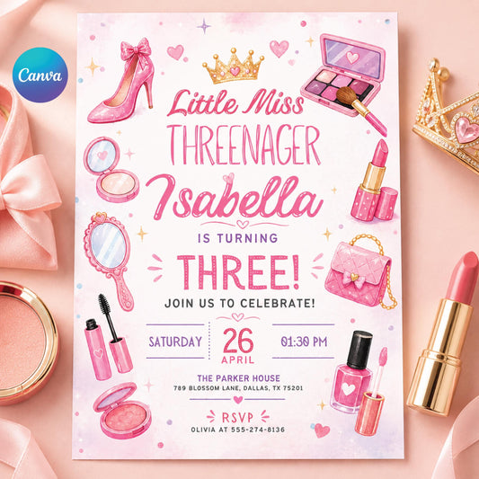 Fashion & Makeup Miss Threenager 3rd Birthday Invitation Card for — editable Canva template