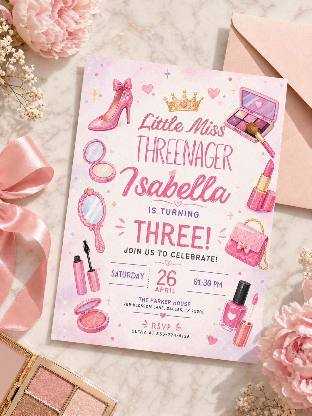 Fashion & Makeup Miss Threenager 3rd Birthday Invitation Card for — spa design