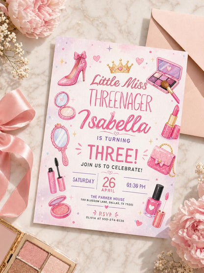 Fashion & Makeup Miss Threenager 3rd Birthday Invitation Card for — spa design