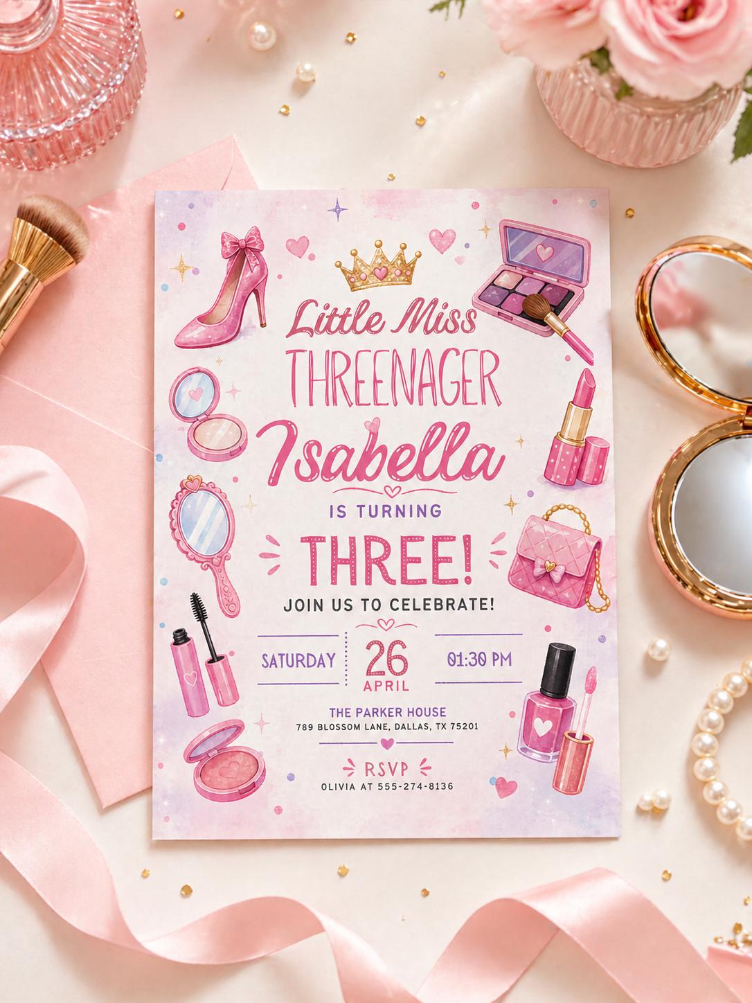 Fashion & Makeup Miss Threenager 3rd Birthday Invitation Card for — invitation you personalize in Canva